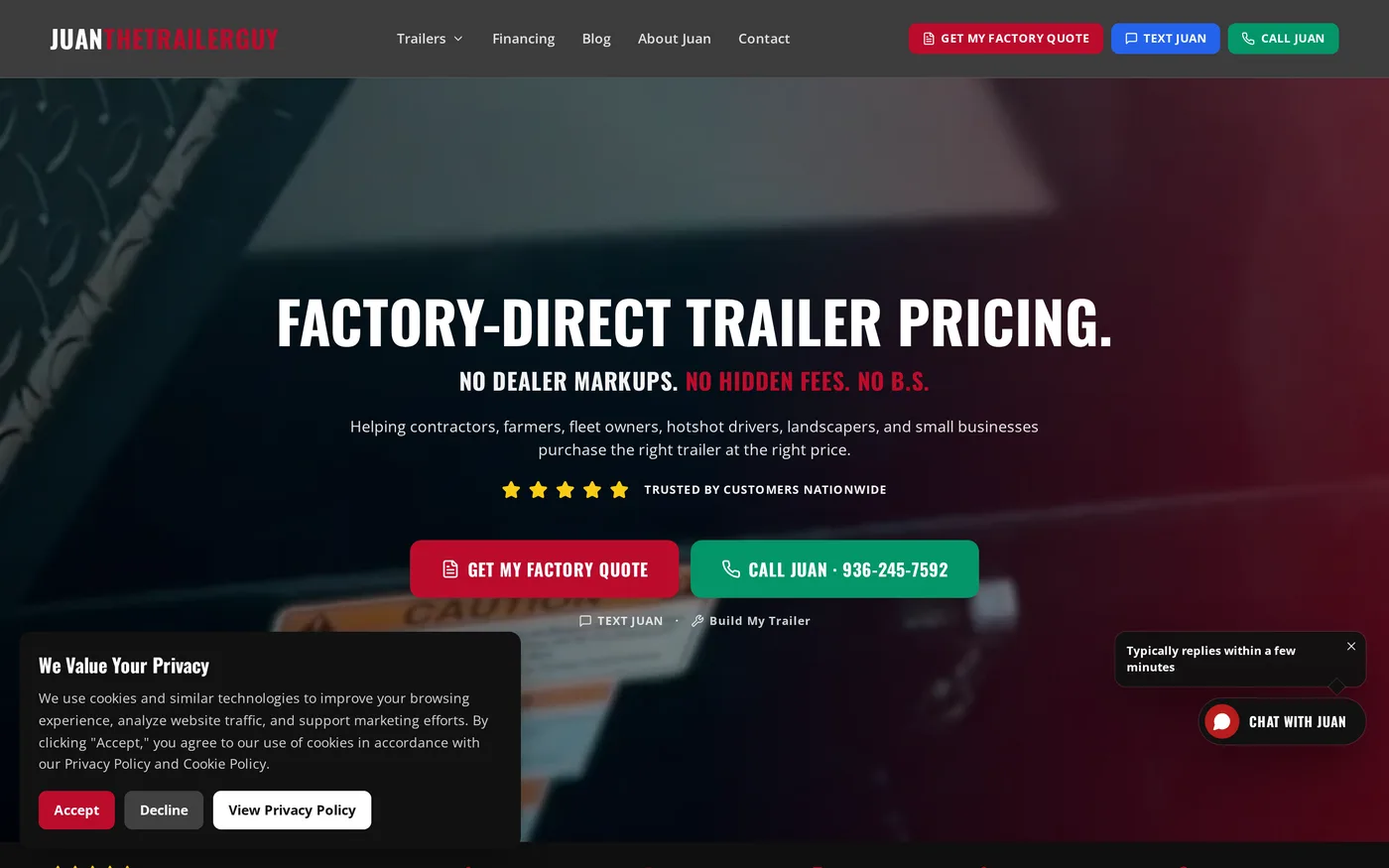 Juan The Trailer Guy website shown on a desktop screen