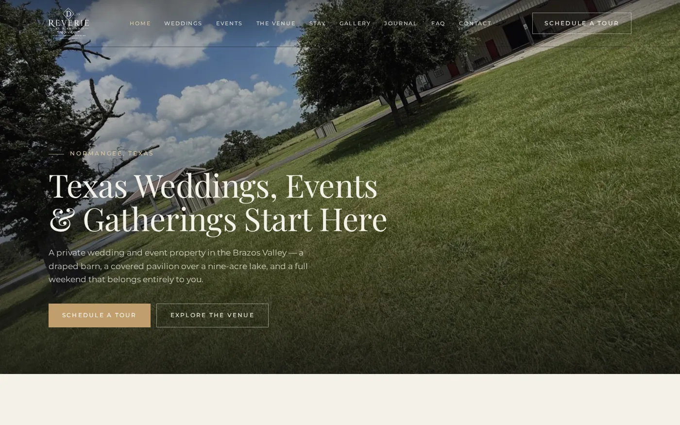Reverie at Diamond D wedding venue website shown on a desktop screen